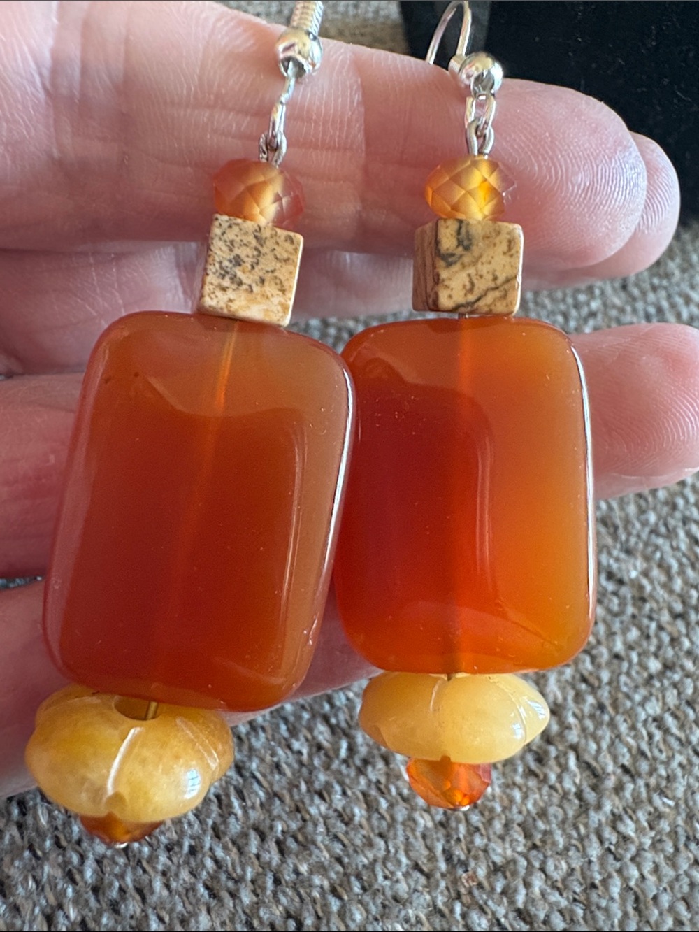 Hand Crafted Carnelian and Amber Beaded Drop Earrings - Picture 2 of 2